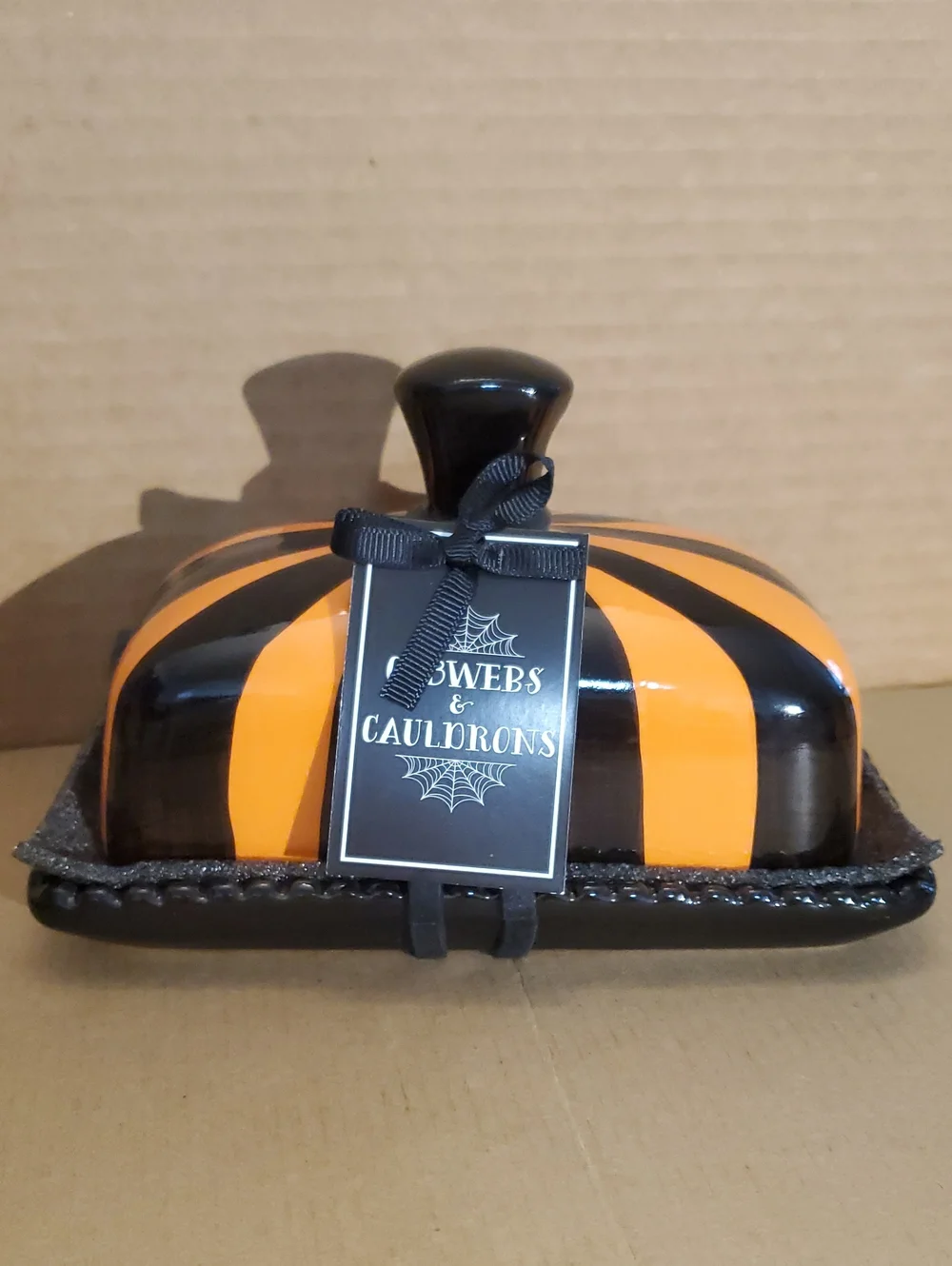 Cobwebs & Cauldrons Black and Orange Striped Butter Dish